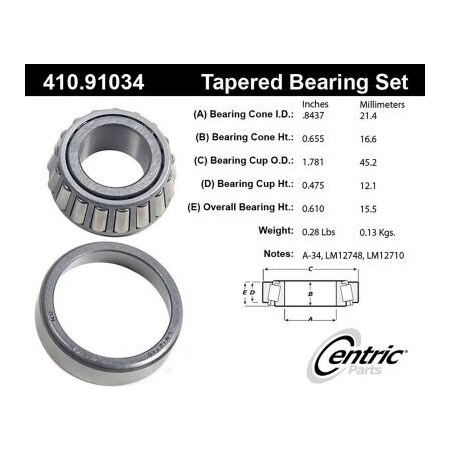 Centric Premium Wheel Bearing and Race Set, Parts 410.91034